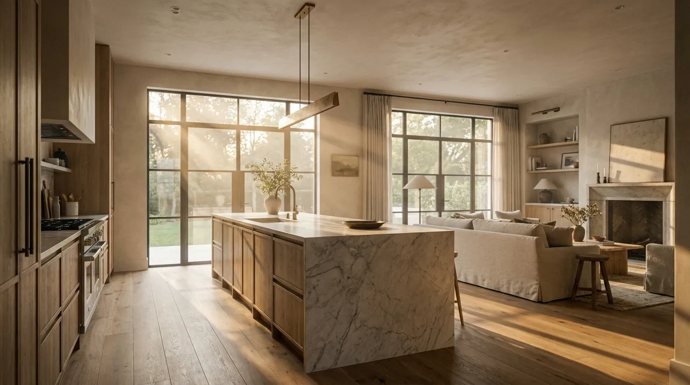 Vue panoramique d'un magnifique open space moderne et luxueux unissant cuisine et salon, baigné dans la lumière chaude du coucher de soleil.