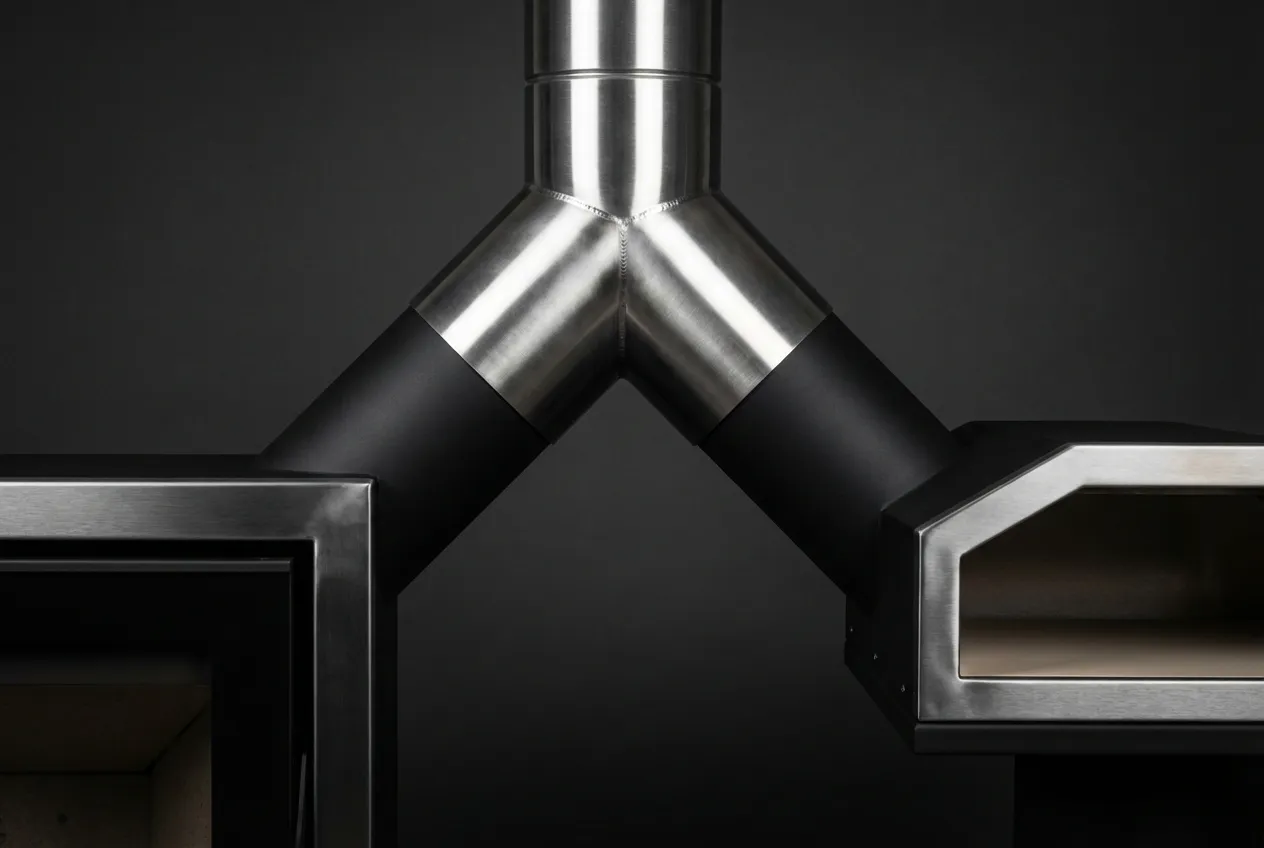 Gros plan iconique et contrasté du raccordement d'une cheminée et d'un four à bois à une unique canne fumaria sur fond neutre.