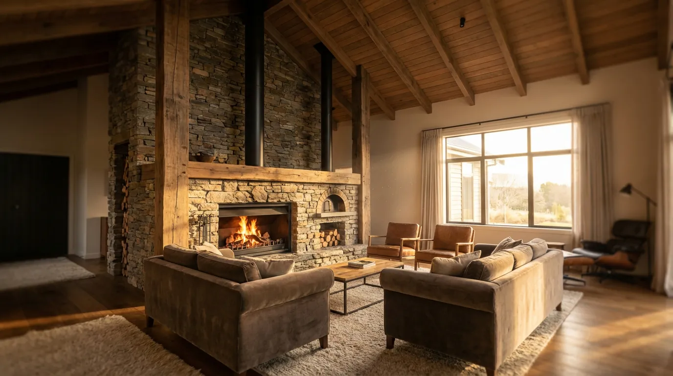 Vue cinématographique d'un salon élégant avec une cheminée et un four à bois intégrés partageant une seule canne fumaria, créant une ambiance chaleureuse et luxueuse.