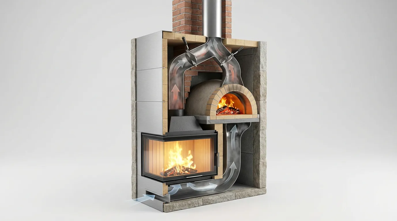 Illustration technique en coupe 3D d'un système de cheminée et four à bois, montrant le raccordement à une canne fumaria unique et le flux des fumées.