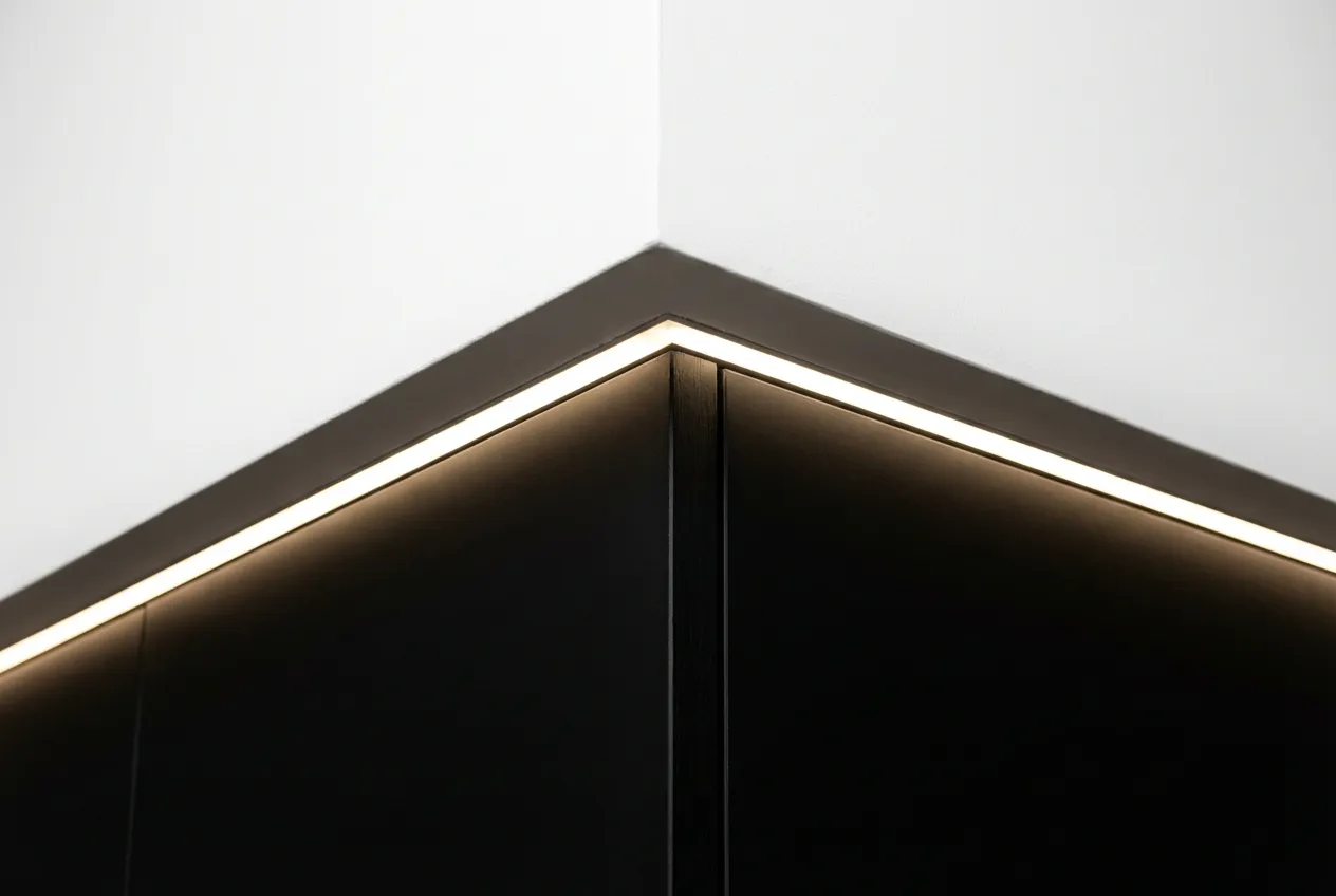 Gros plan sur la jonction parfaite entre un cartongesso blanc et un pensile de cuisine noir, soulignée par une ligne de lumière LED.