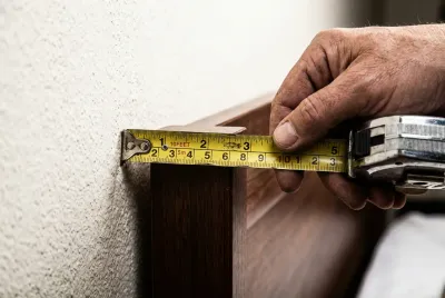 Gros plan sur un mètre ruban mesurant la distance pour une prise électrique à côté d'une tête de lit, symbolisant la précision et la réglementation.