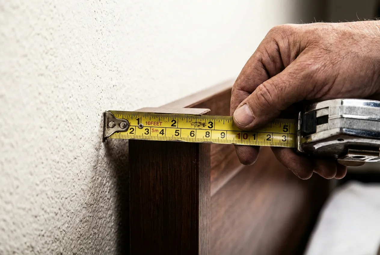 Gros plan sur un mètre ruban mesurant la distance pour une prise électrique à côté d'une tête de lit, symbolisant la précision et la réglementation.