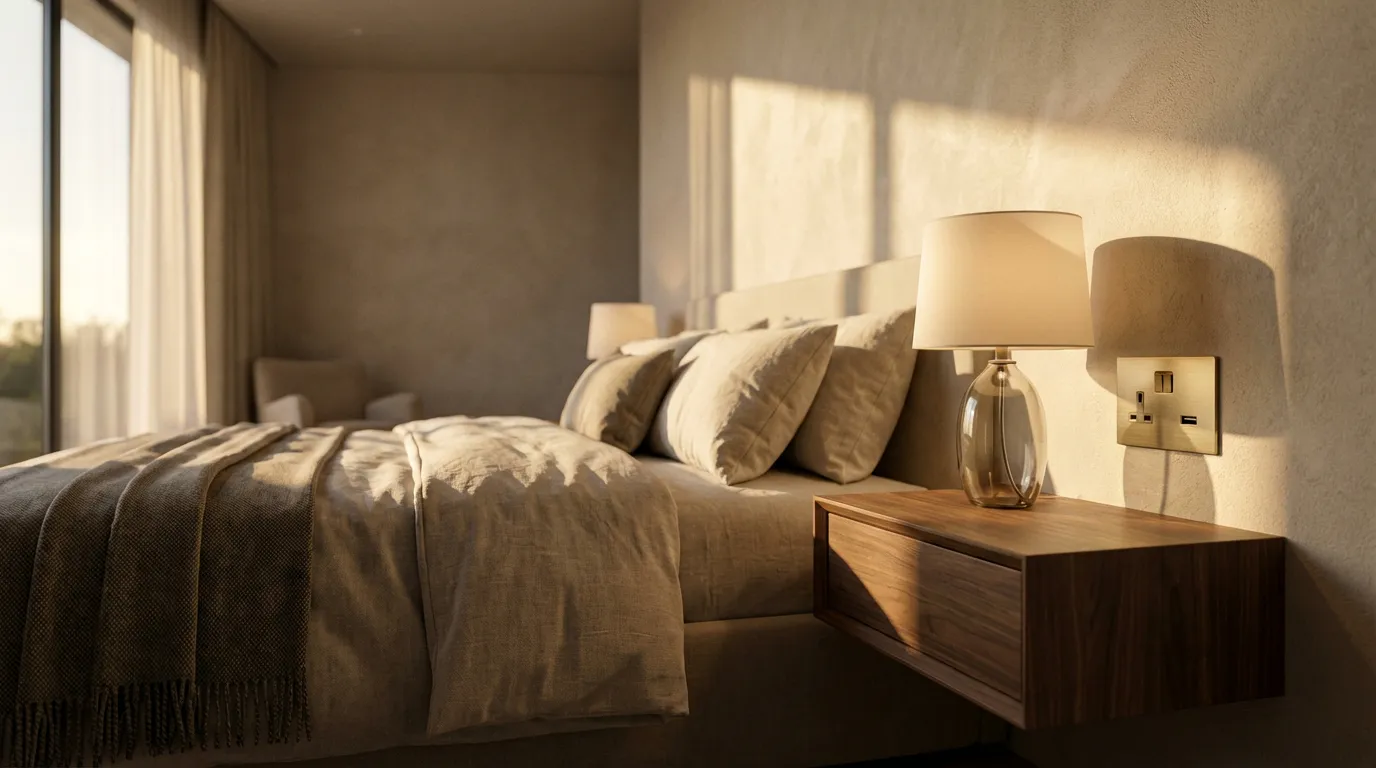 Positionnement Idéal des Prises près d'un Lit Double Chambre principale luxueuse avec un lit double, où les prises électriques sont positionnées de manière optimale et esthétique à côté de la table de chevet, avec un éclairage doux du soir.