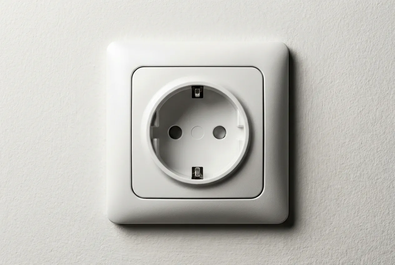 Gros plan sur une double prise de courant blanche sur un mur sobre, représentant un point lumineux.