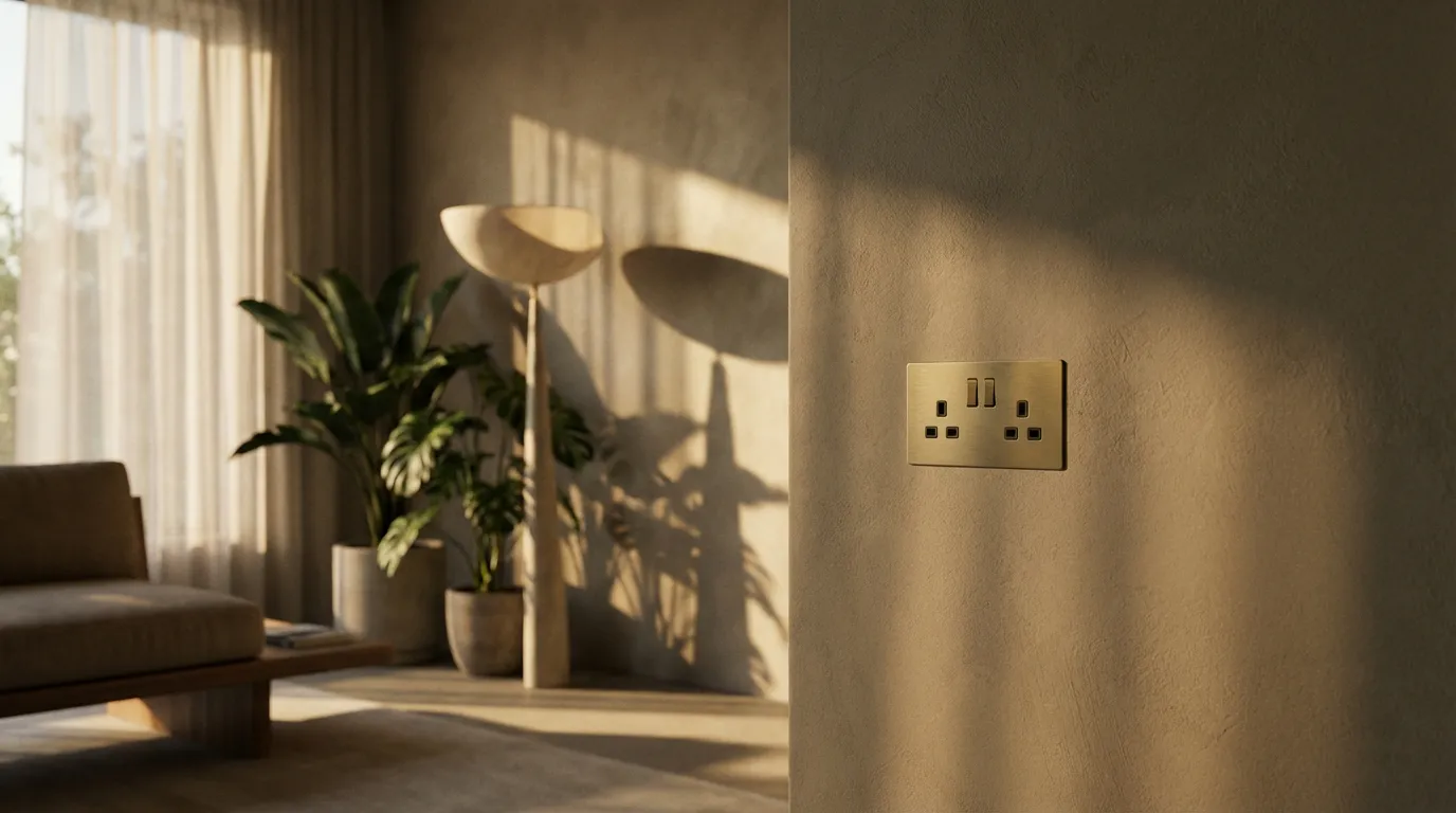 Deux prises électriques modernes installées dans un même boîtier mural, dans un salon design et élégant, illustrant la norme sur les points lumineux.