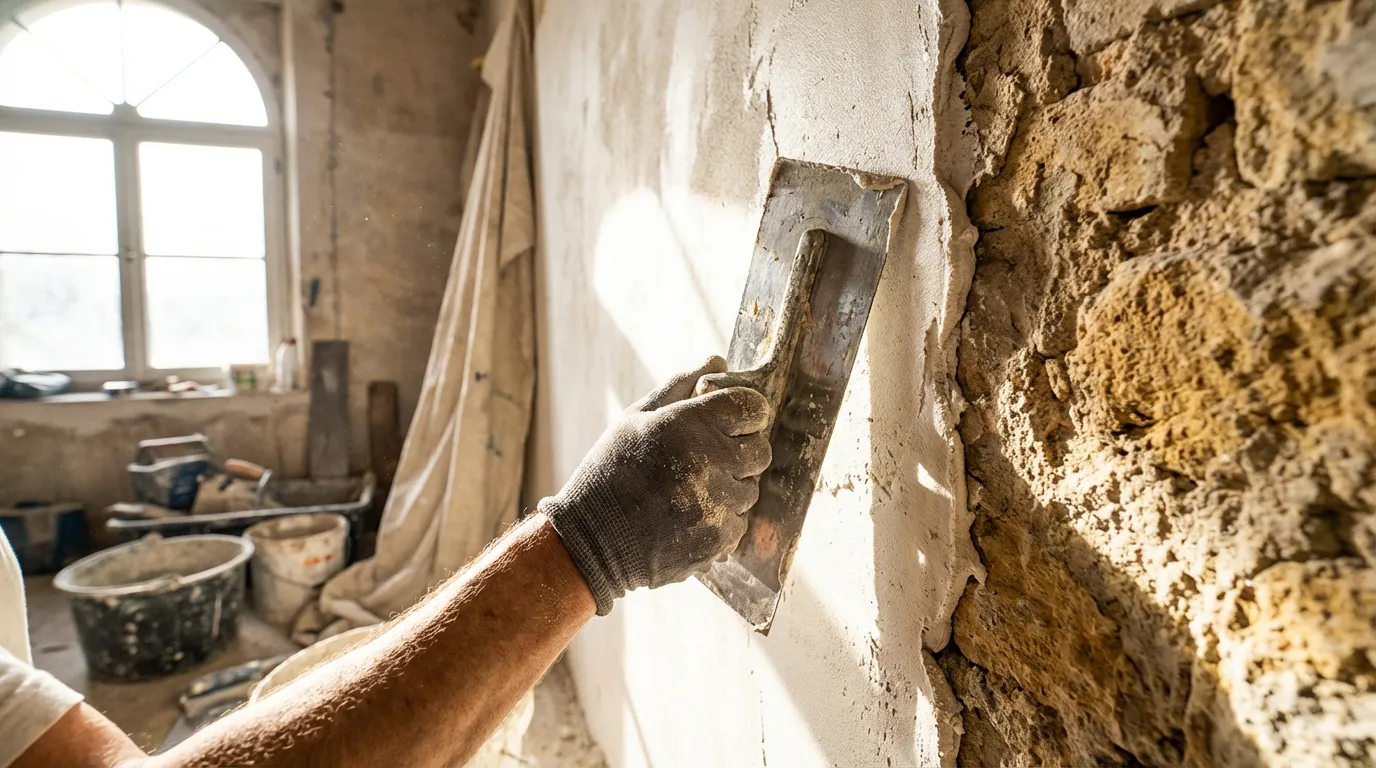 Mains d'un artisan appliquant de l'enduit avec une truelle sur un mur à côté d'une section en pierre apparente, illustrant le processus de pose.