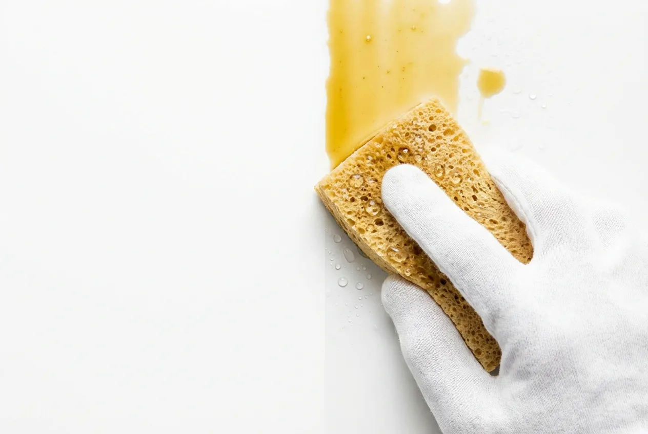 Gros plan iconique d'une main gantée effaçant une tache jaune sur un mur blanc, représentant une solution de nettoyage efficace.