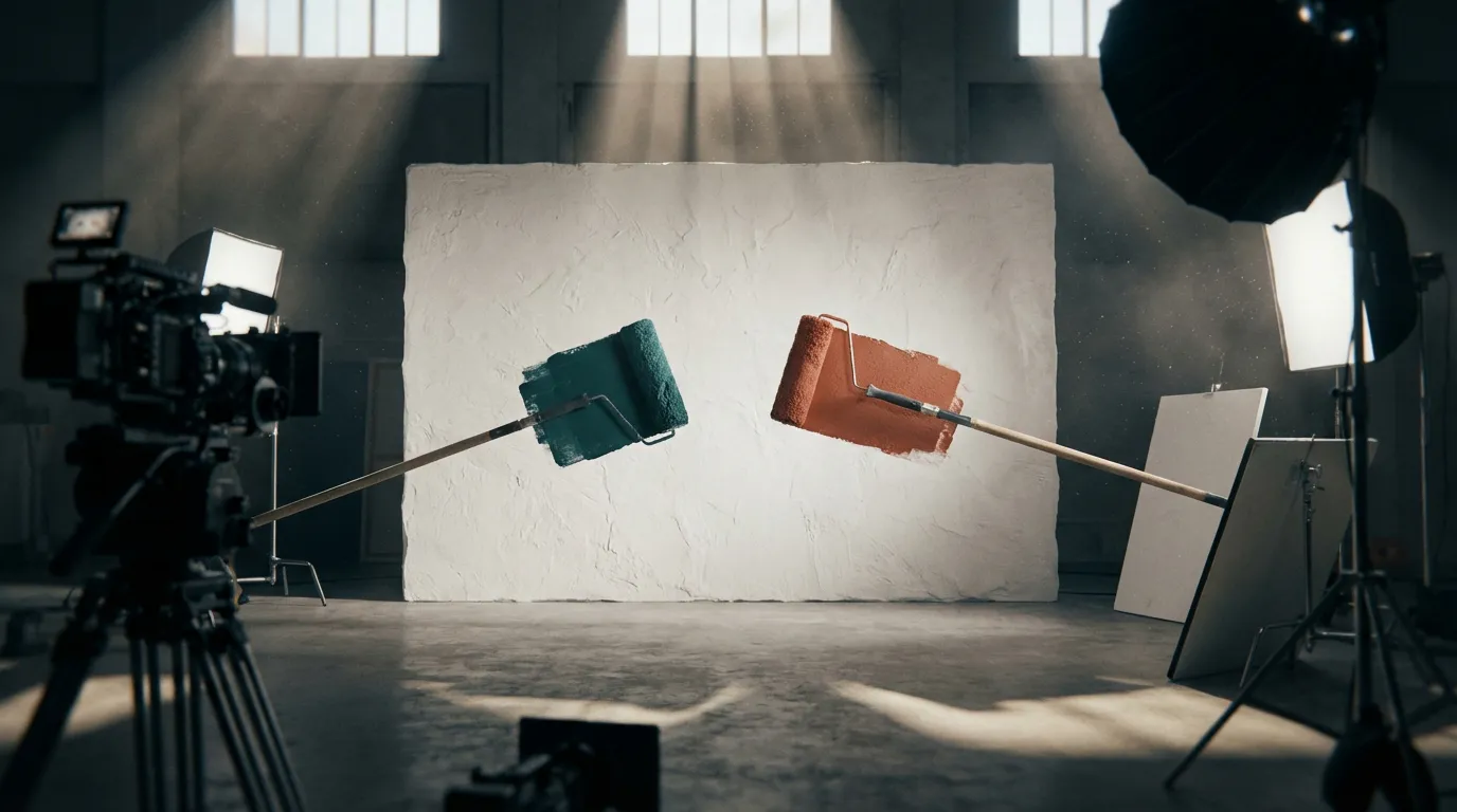 Confronto epico tra due rulli da pittura, uno con vernice blu di alta qualità e l'altro con vernice terracotta, che simboleggiano la scelta tra Sikkens e San Marco.