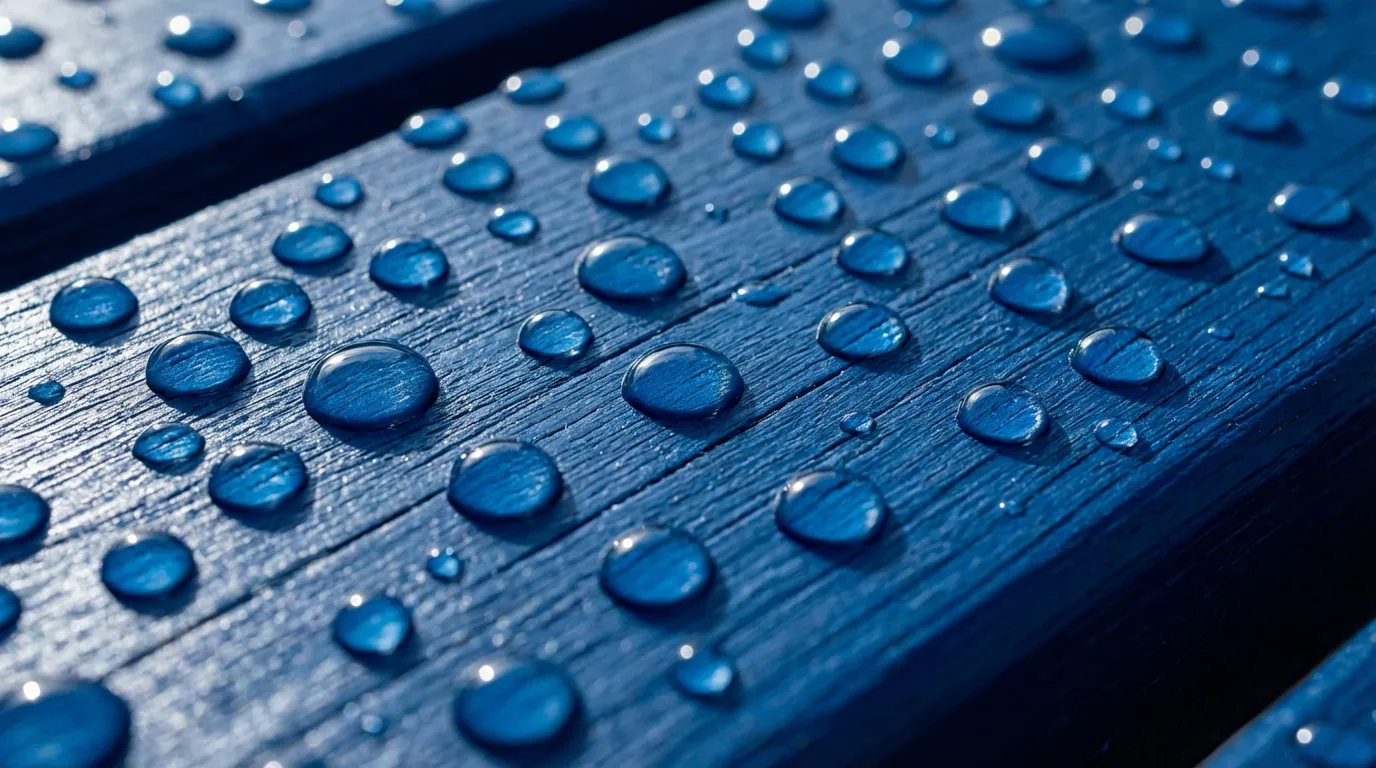 Illustrazione della durabilità e dell'idrorepellenza di una vernice di qualità superiore, con gocce d'acqua che scivolano su una parete esterna verniciata.