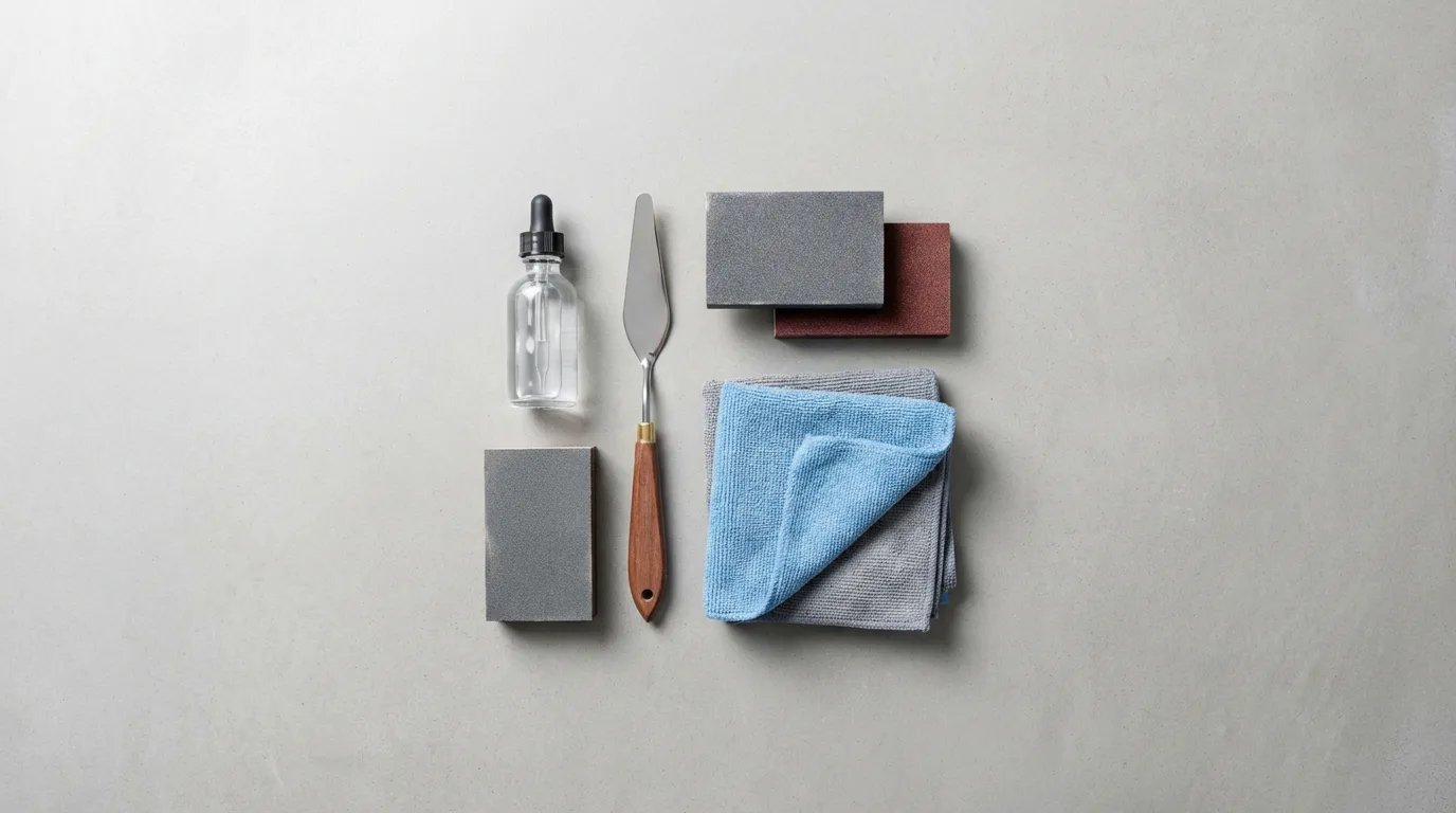 Kit d'outils pour la réparation de meubles laqués mats, comprenant du papier de verre, un produit de réparation et des chiffons, disposés sur une surface de travail.