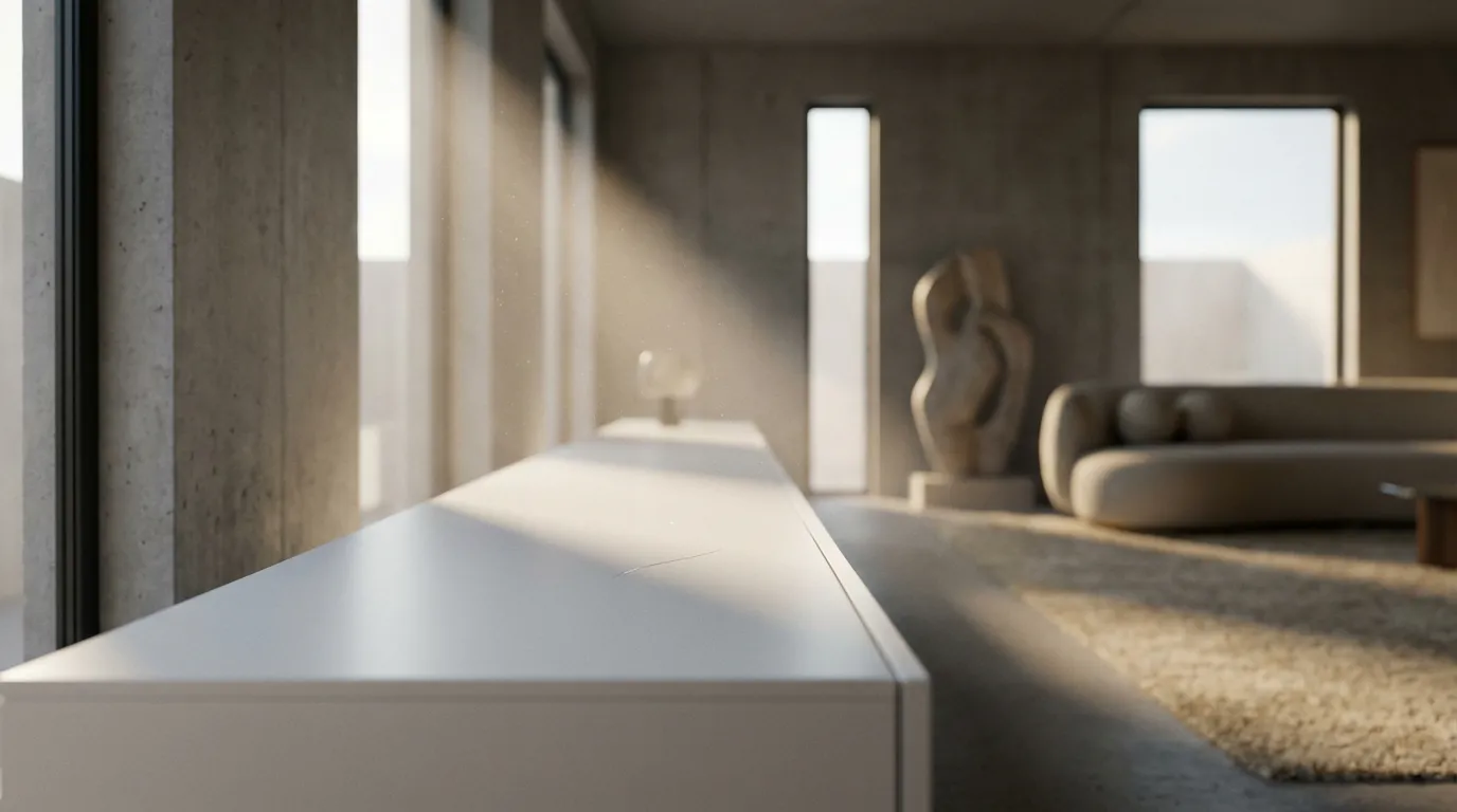 Un meuble moderne laqué blanc mat dans un salon design, avec un rayon de lumière qui met en évidence une légère rayure à réparer.