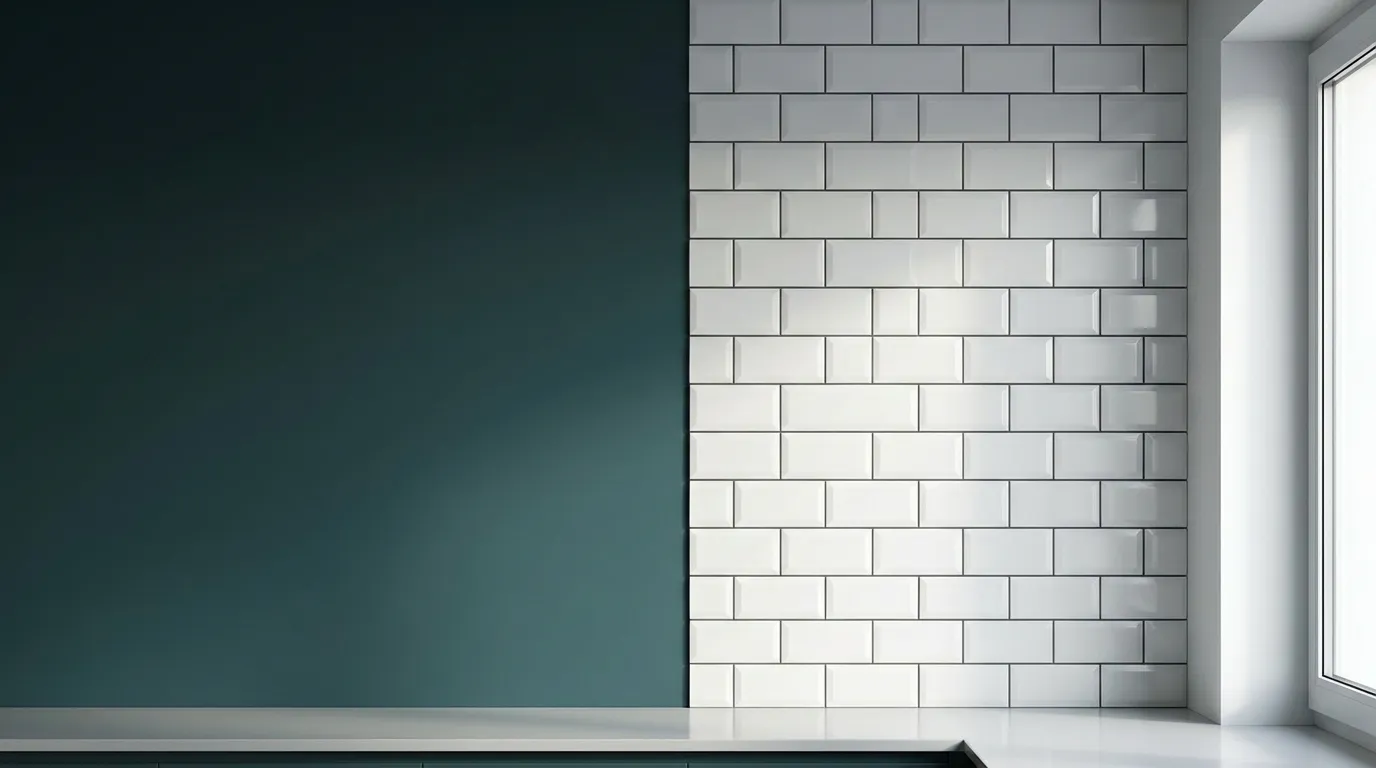 Comparaison visuelle dans une cuisine entre un mur avec une finition en peinture lavable lisse et un mur recouvert de carrelage traditionnel.