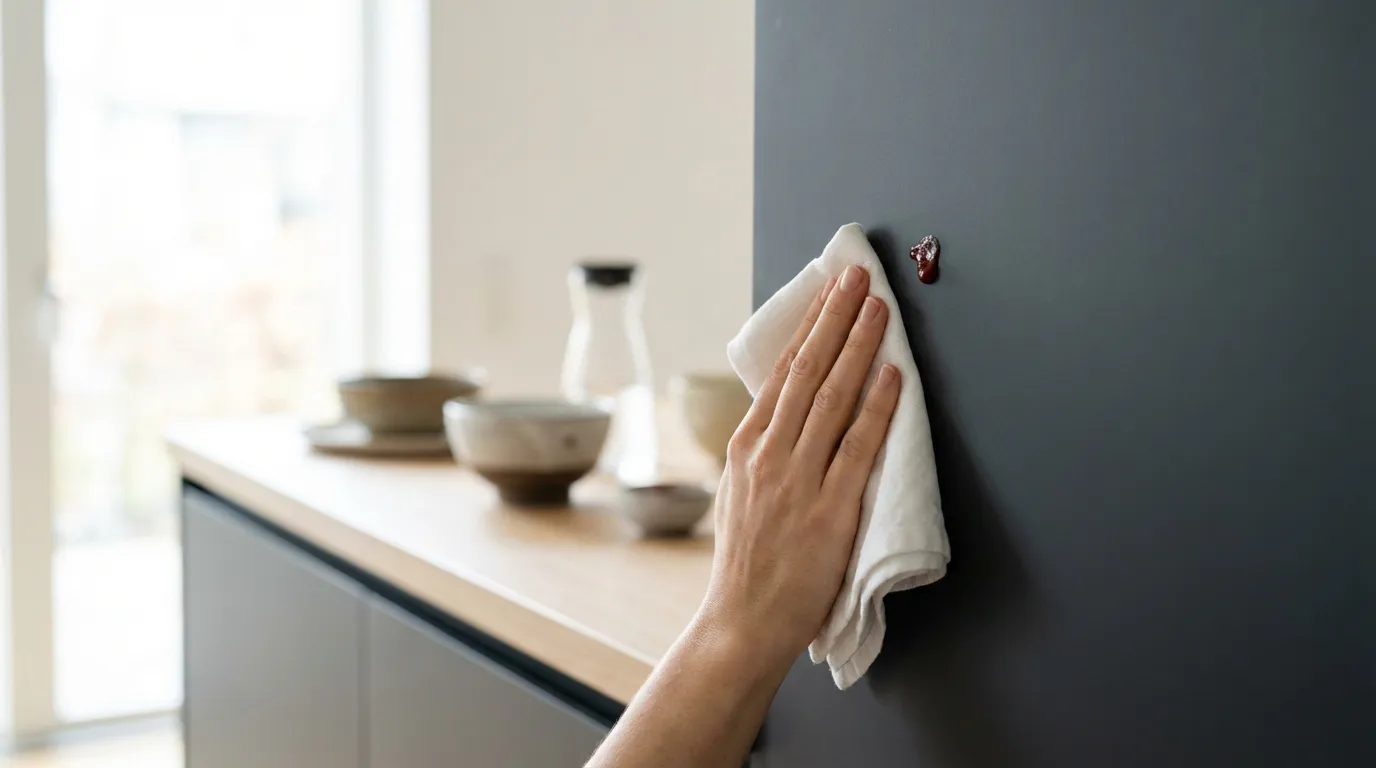 Une personne nettoie sans effort une tache de sauce sur un mur de cuisine peint avec une peinture lavable, démontrant la facilité d'entretien dans un cadre élégant.
