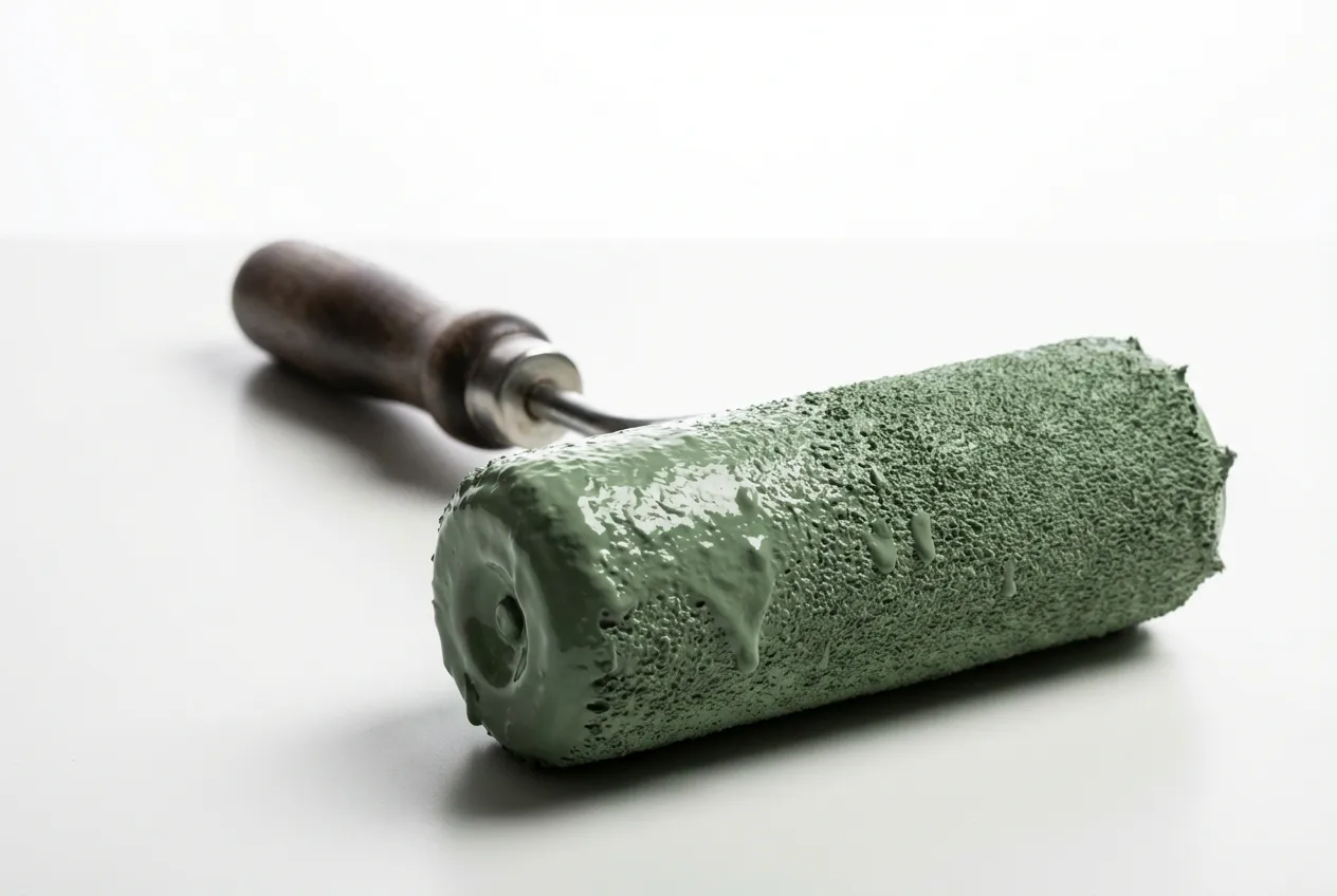 Un rouleau de peinture de haute qualité couvert d'une peinture lavable de couleur sauge, symbolisant le choix de la peinture pour la cuisine.