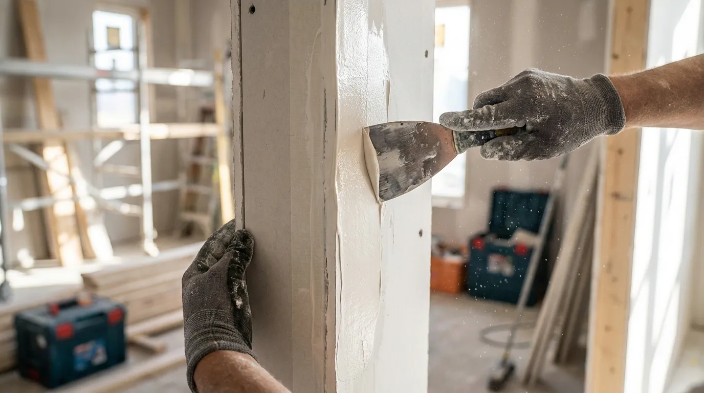 Artisan en train d'appliquer de l'enduit sur le cadre d'une porte en plaque de plâtre pour une finition invisible.
