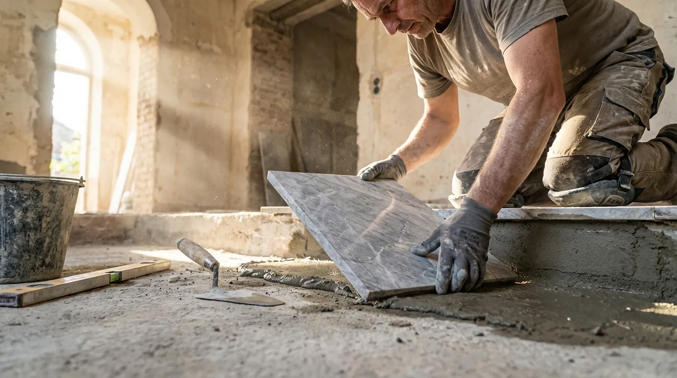 Pose d'un Revêtement d'Escalier en Marbre Artisan en plein travail, posant avec précision une marche en marbre sur une structure d'escalier. L'image illustre le processus d'installation d'un revêtement de sol.