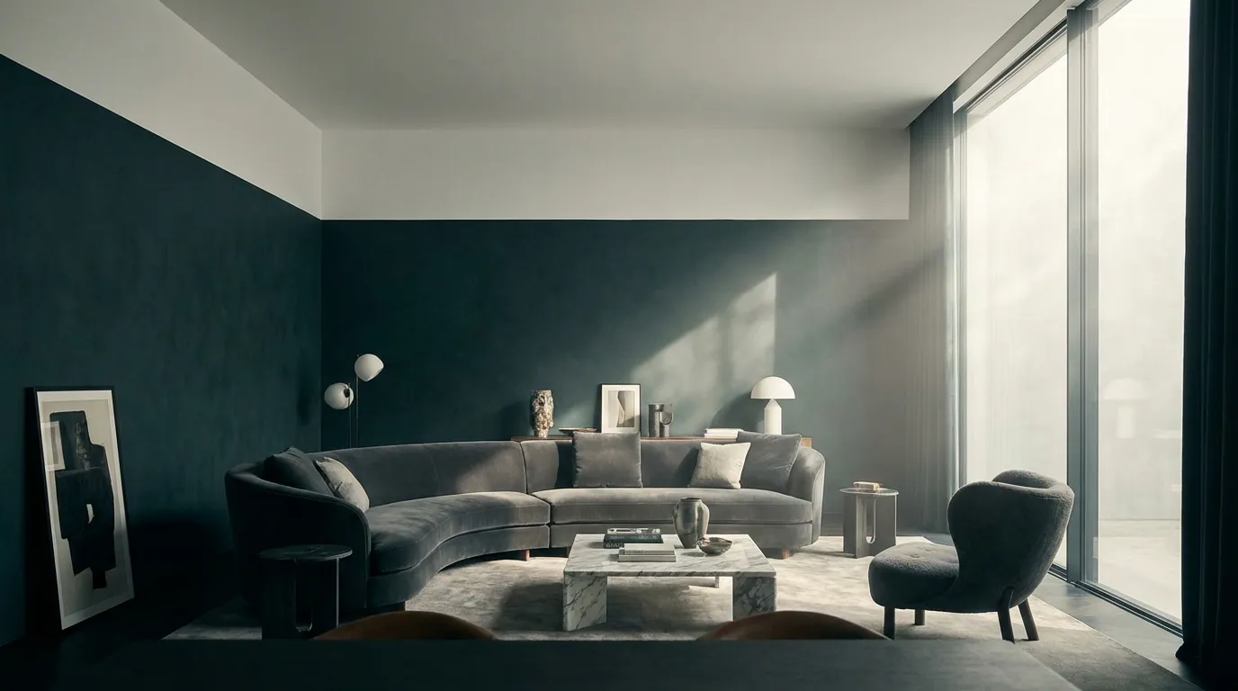 Vue panoramique d'un salon de luxe illustrant un stacco chromatique audacieux entre des murs sombres et un plafond blanc immaculé.