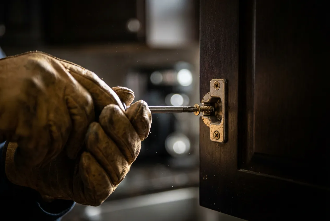 Gros plan sur des mains en train de dévisser la charnière d'un meuble de cuisine, illustrant le démontage d'un frigo encastrable.