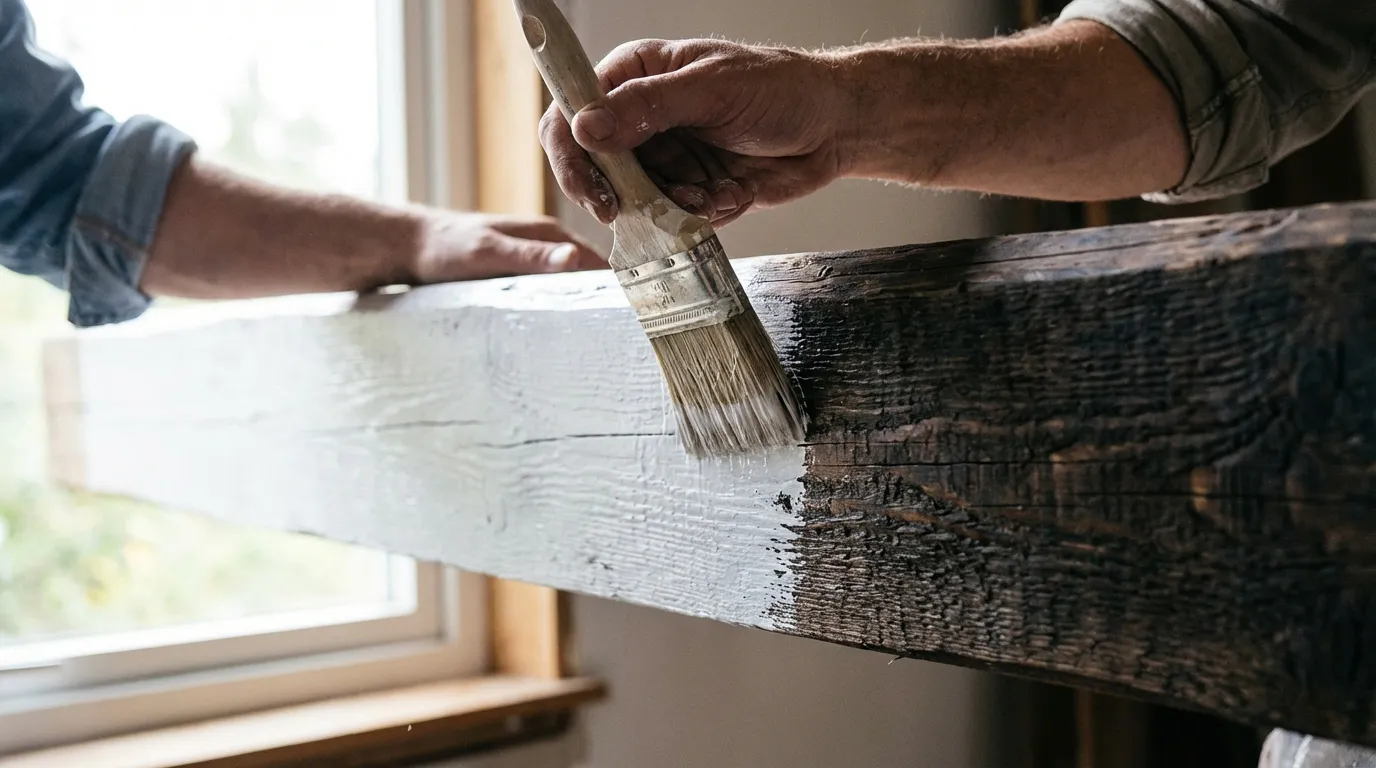 Personne en train de blanchir une poutre en bois foncée avec un pinceau, illustrant le processus de rénovation.