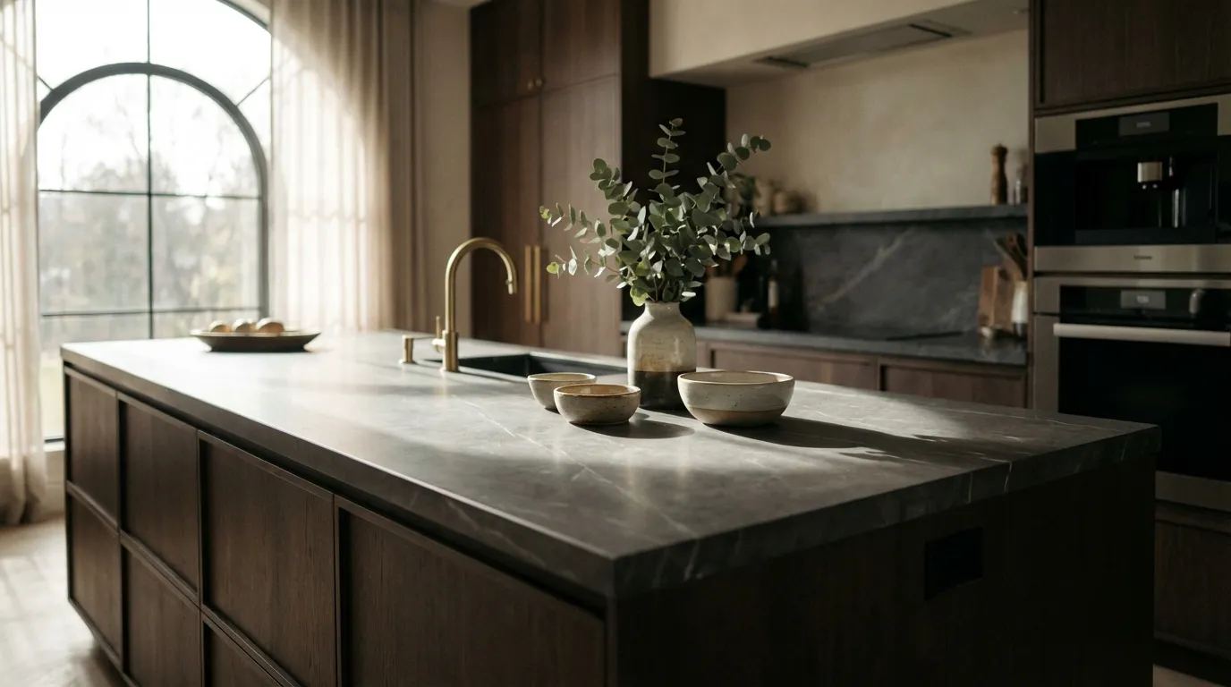 Vue d'un comptoir de cuisine en marbre rénové avec une élégante peinture gris anthracite, dans un intérieur moderne et lumineux.