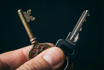 Gros plan sur une main tenant une clé ancienne et une clé neuve, symbolisant la transition lors d'un déménagement.