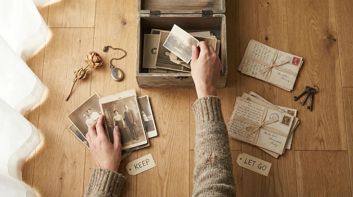 Vue de dessus d'une personne triant une boîte de souvenirs, remplie de vieilles photos et lettres, pendant la phase de désencombrement avant un déménagement.