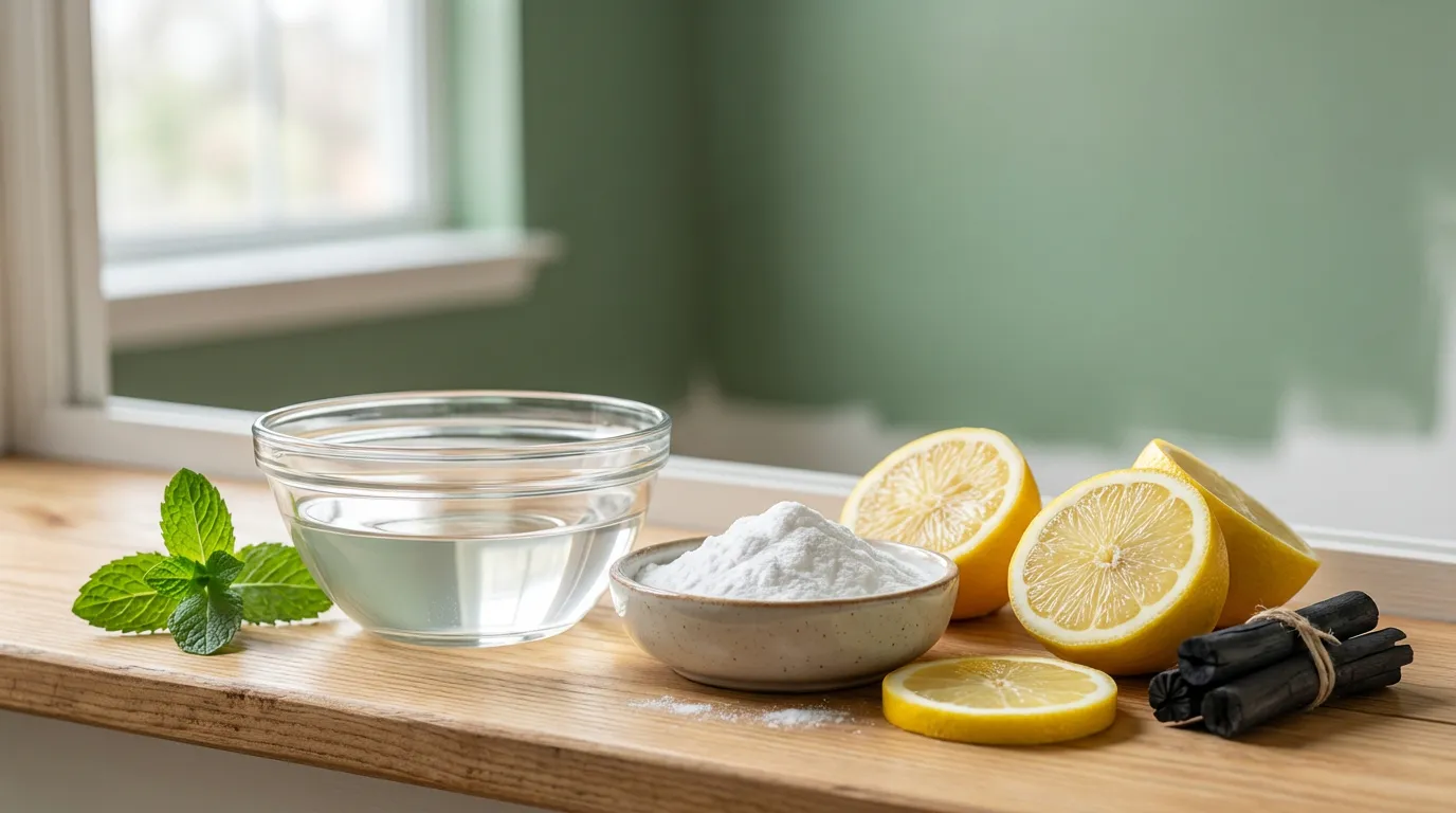 Plusieurs remèdes naturels comme le vinaigre, le bicarbonate de soude et le citron, disposés sur un rebord de fenêtre pour éliminer l'odeur de peinture.