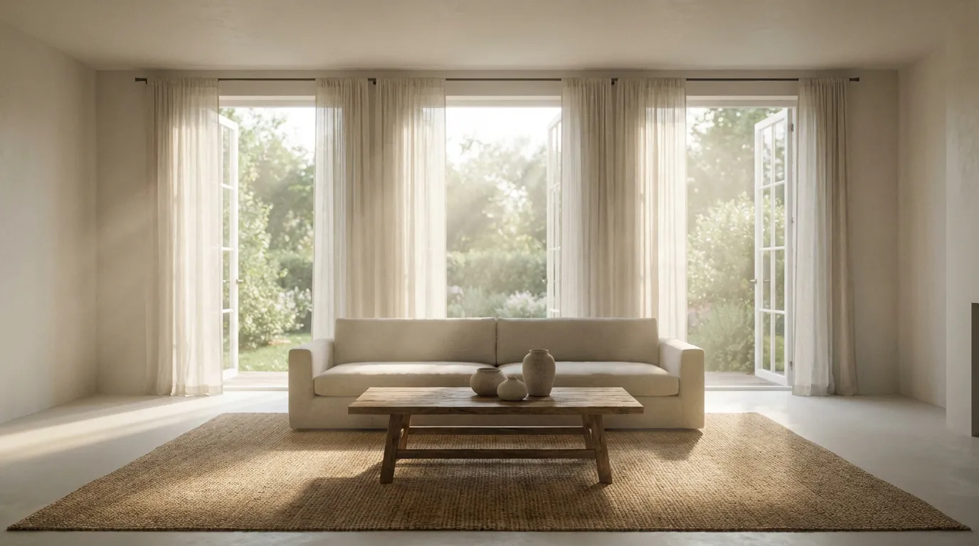 Un salon lumineux et fraîchement repeint avec de grandes fenêtres ouvertes, symbolisant une atmosphère pure et sans odeur de peinture.